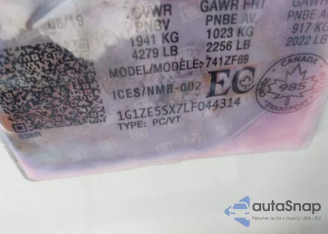 2020 Chevrolet Malibu Fwd Premier из США, поврежденный, VIN 1G1ZE5SX7LF044314